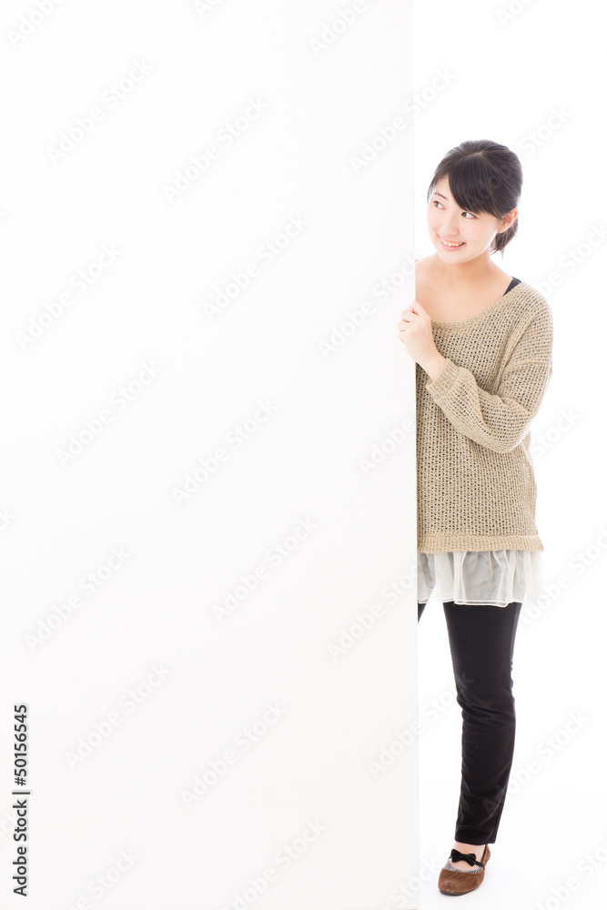 a young asian woman with blank whiteboard a young asian woman with blank whiteboard