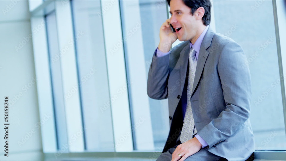 Businessman Hearing Good News City Airport Businessman Hearing Good News City Airport