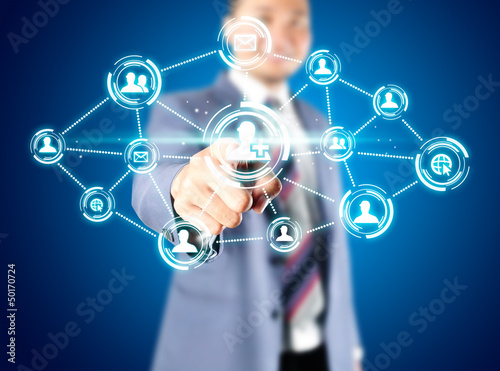 Business man touching digital virtual of social technology