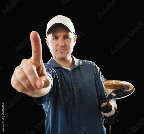 Caucasian golfer making Number 1 gesture photo