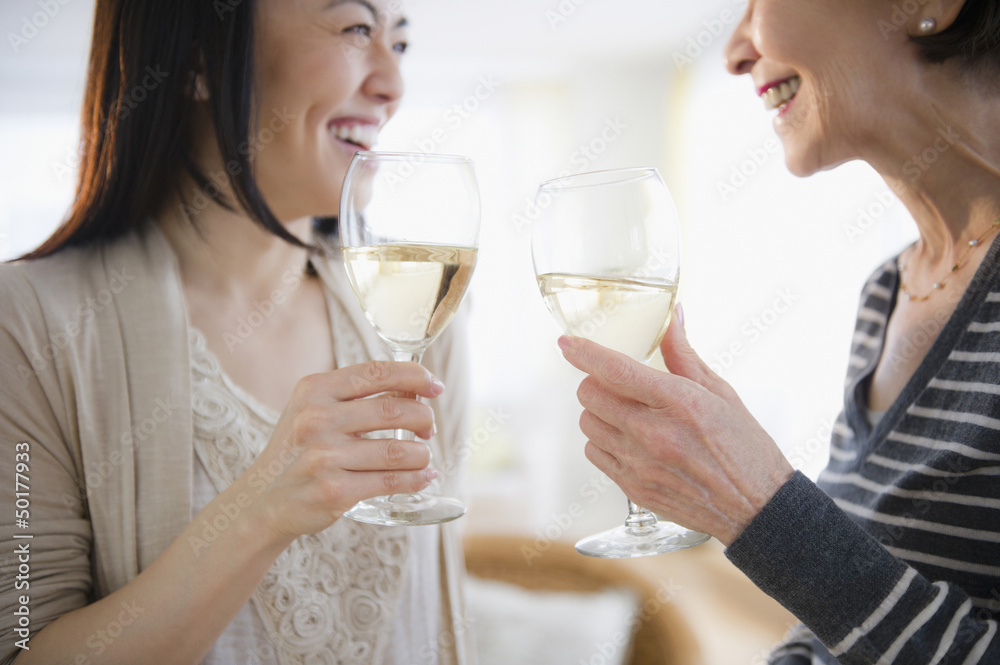 Japanese mother and daughter drinking white wine Japanese mother and daughter drinking white wine