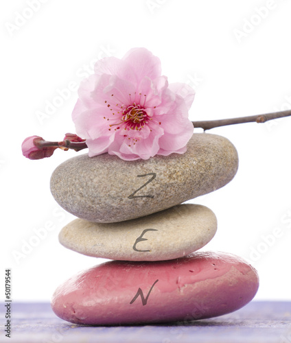 galets zen et branche en fleur