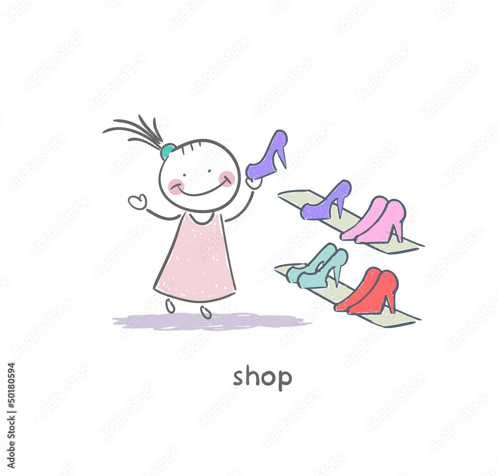 A girl in a shoe shop. Illustration. A girl in a shoe shop. Illustration.