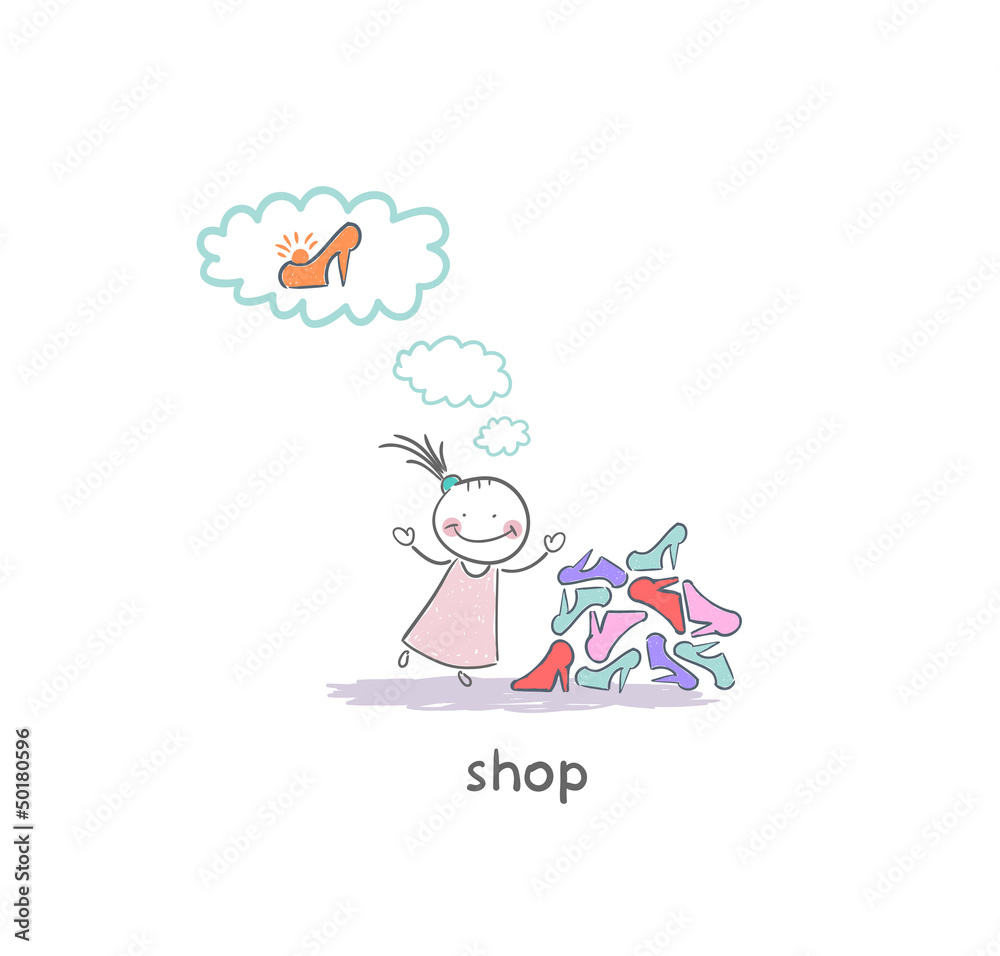 A girl in a shoe shop. Illustration. A girl in a shoe shop. Illustration.