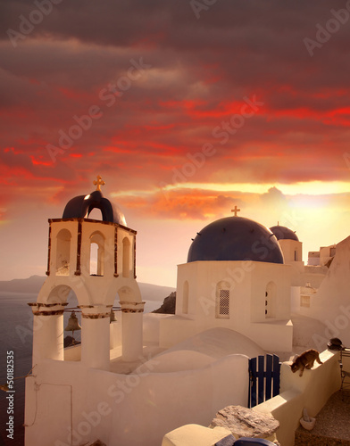 Santorini island with popular churches in Greece