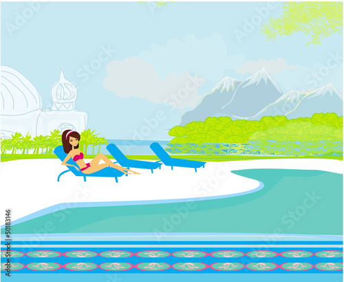 vector image of girl and tropical pool © diavolessa