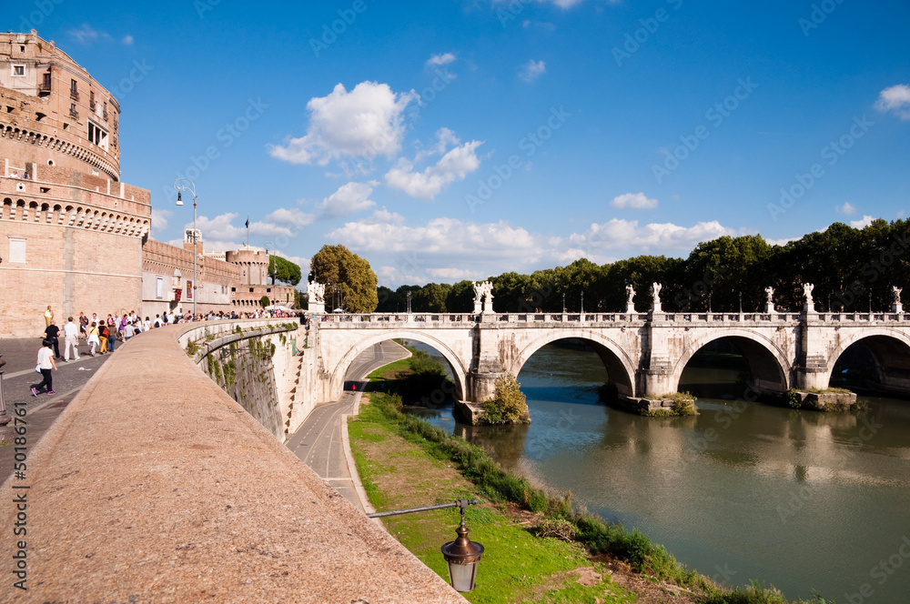 Italy - Roma - Wall leading trough Castel sant Angello and bridg