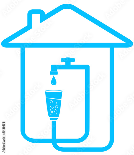 blue sign drinking water with house, glass and tap