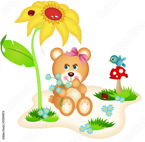 Teddy bear picking flowers