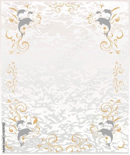 Hintergrund mit Delfinen und floralen Ornamenten