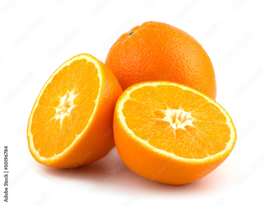 Cut orange fruit isolated on white background