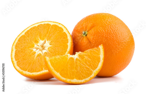 Cut orange fruit isolated on white background