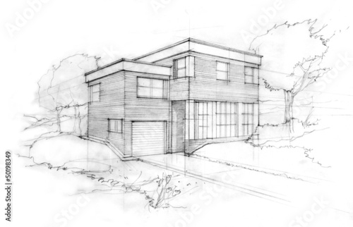 Sketch of a modern cubic house. First idea of an architect.
