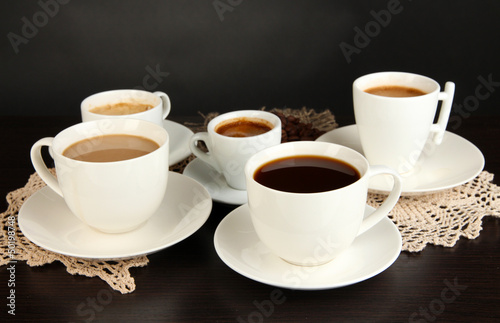 Assortment of different hot coffee drinks close up