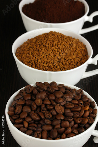 Different types of coffee in three cups on wooden table