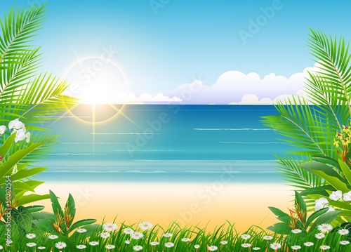 Fototapeta Naklejka Na Ścianę i Meble -  beauty Sunny blue sky and palm tree and beach background