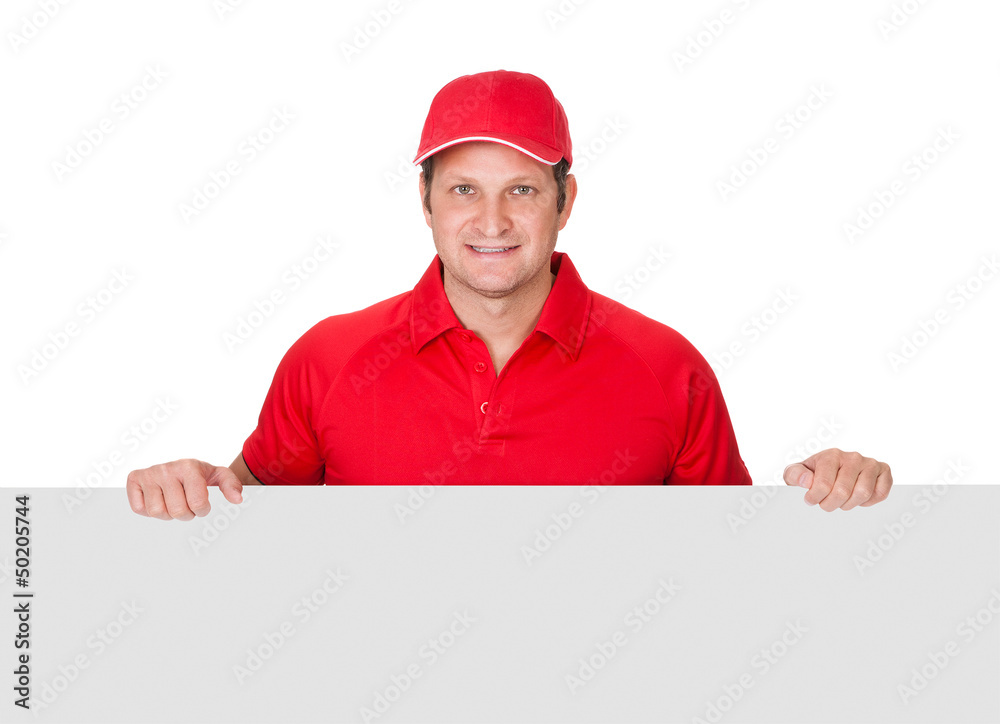 Pizza delivery guy presenting empty banner