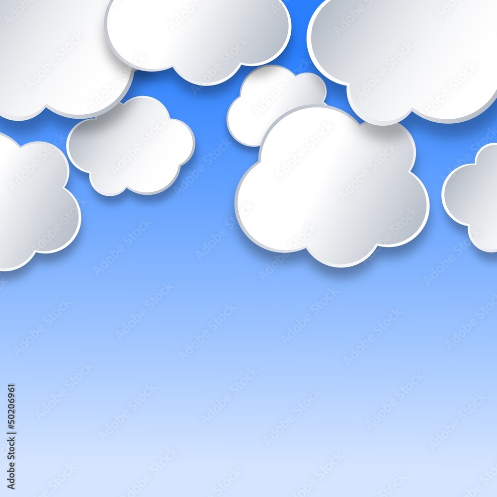 White clouds on blu sky. Paper-cut effect