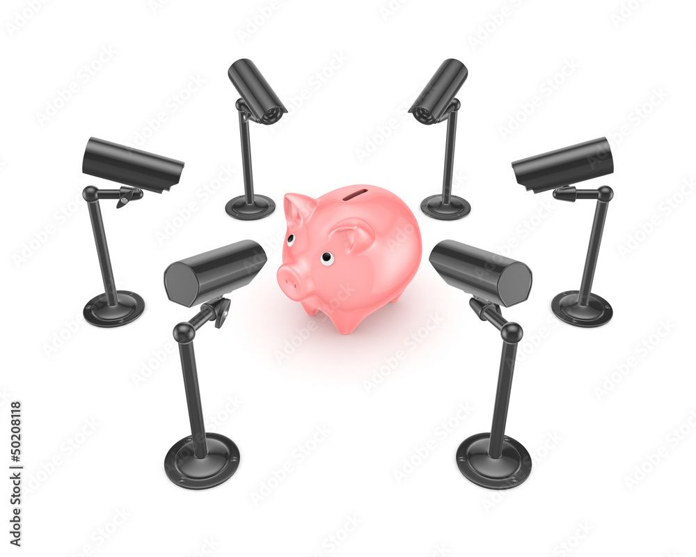 Observation cameras around pink piggy bank. Observation cameras around pink piggy bank.