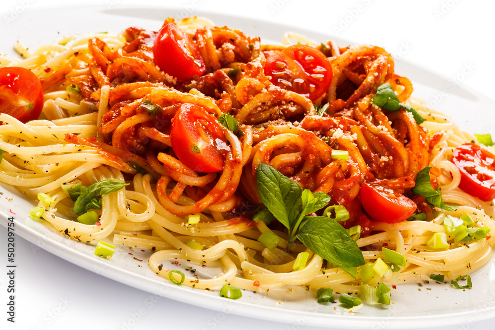 Pasta with meat, tomato sauce, parmesan and vegetables Pasta with meat, tomato sauce, parmesan and vegetables