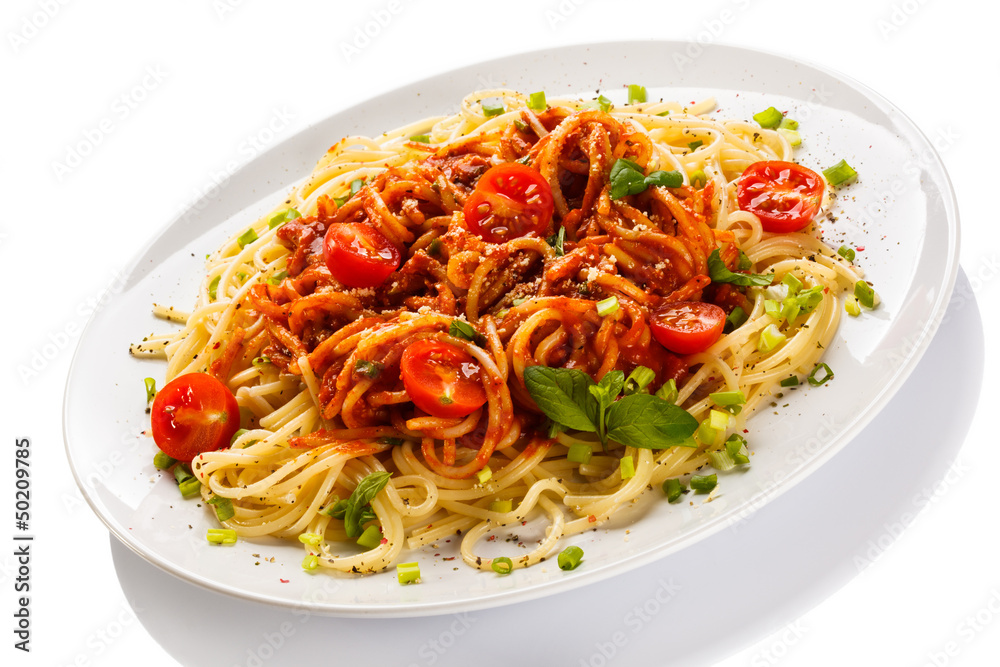 Pasta with meat, tomato sauce, parmesan and vegetables