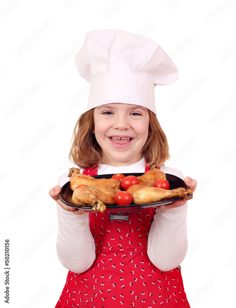 happy little girl cook hold dish with chicken drumstick happy little girl cook hold dish with chicken drumstick