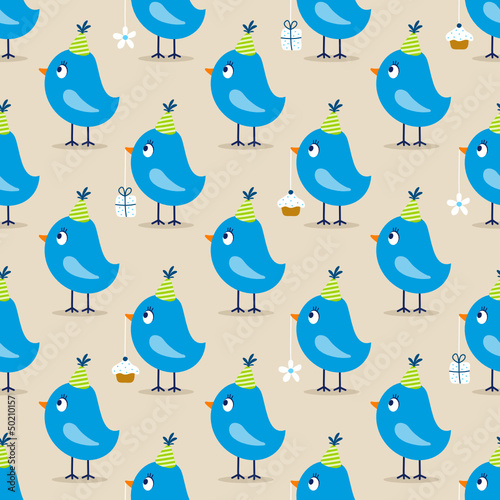 Seamless Pattern Blue Birthday Birds Symbols Beige