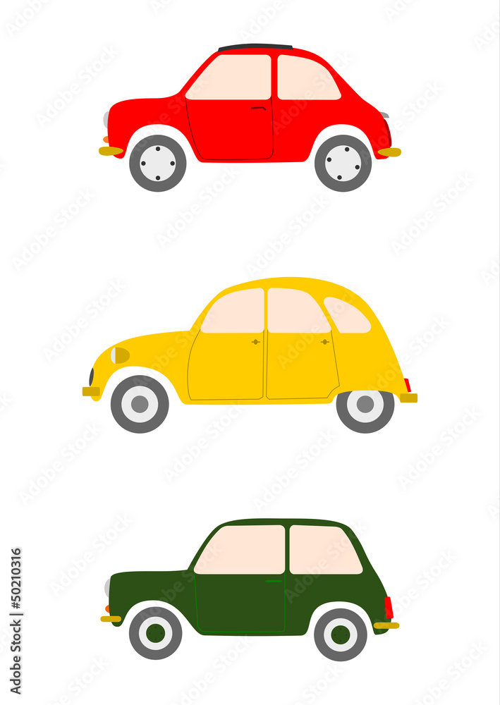 Colorful small city cars in retro cartoon style. 