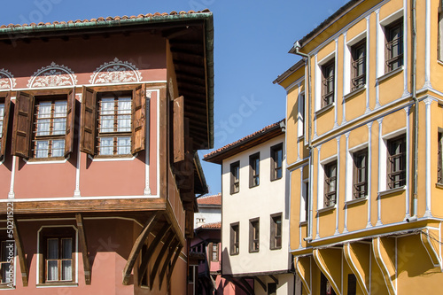 Street with houses in the traditional style of old Plovdiv