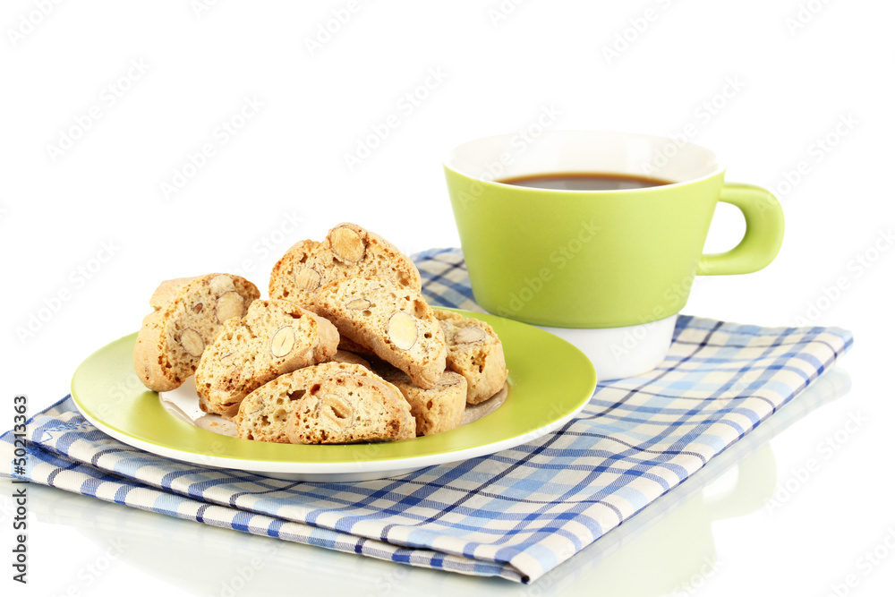 Aromatic cookies cantuccini and cup of coffee isolated on white Aromatic cookies cantuccini and cup of coffee isolated on white