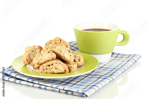 Aromatic cookies cantuccini and cup of coffee isolated on white