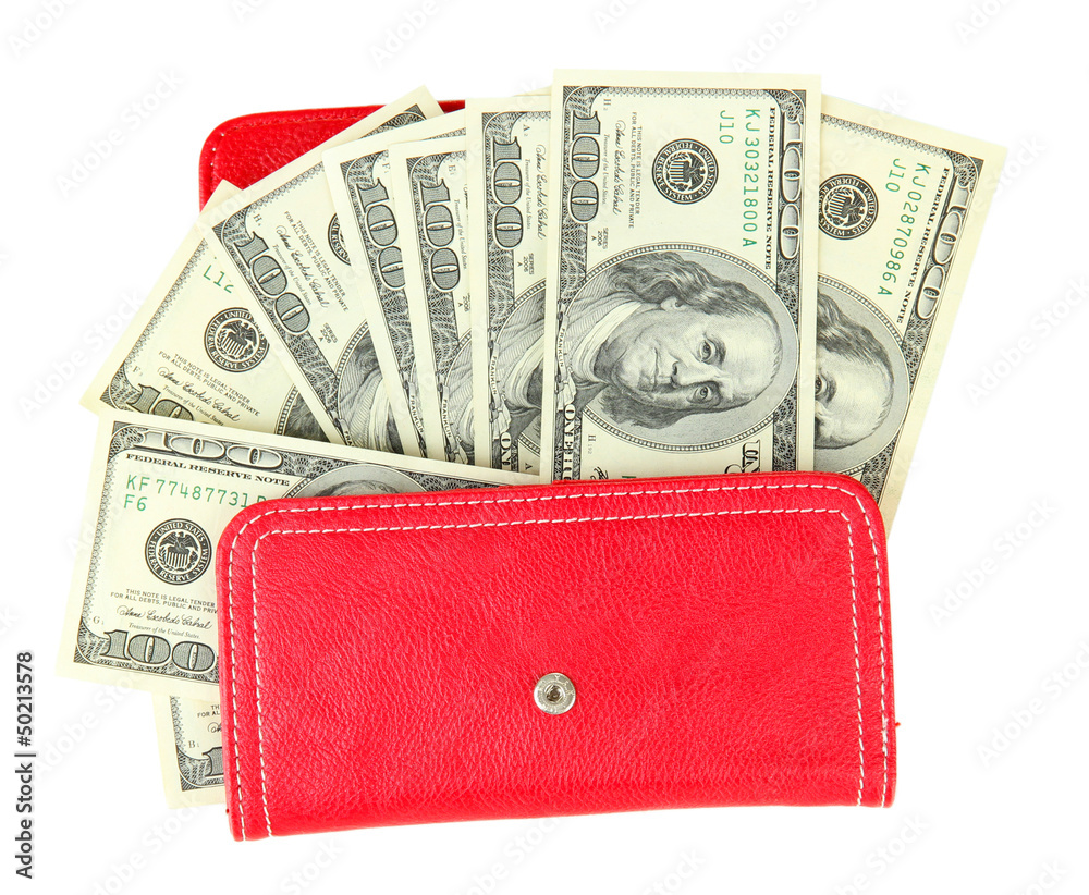 Purse with hundred dollar banknotes, isolated on white Purse with hundred dollar banknotes, isolated on white