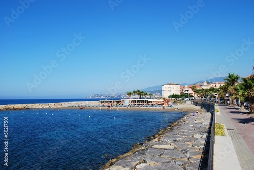 Village on the sea in summer, Santo Stefano al Mare, Italy