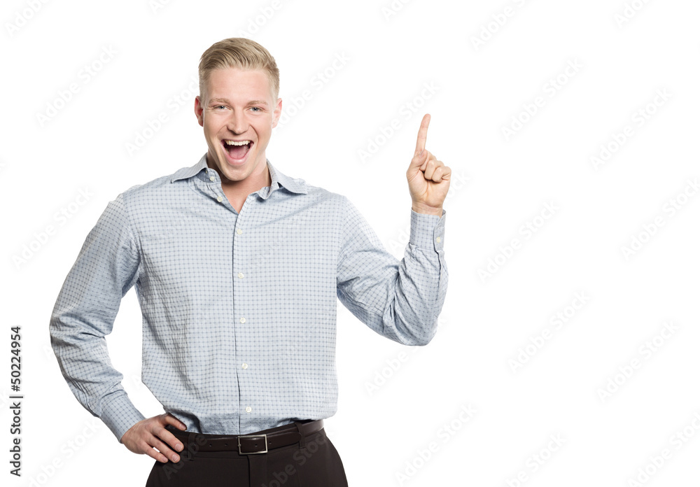 Excited businessperson pointing finger at space for text. Excited businessperson pointing finger at space for text.