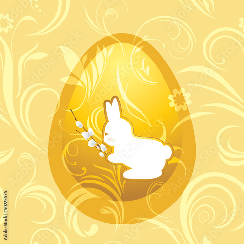 Bunny with pussy willow branch on the ornamental background