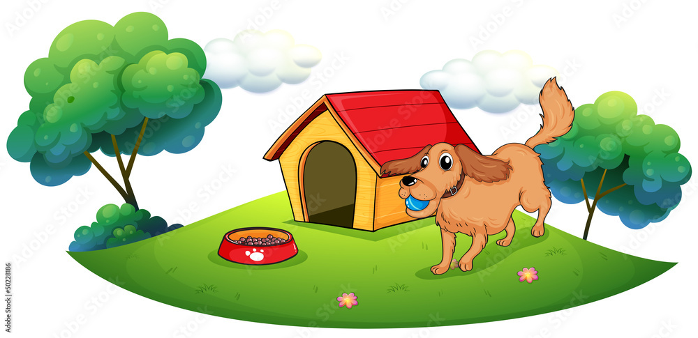 Naklejka premium A dog playing with a blue ball near a doghouse