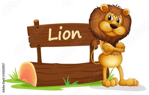 A signboard at the back of a scary lion