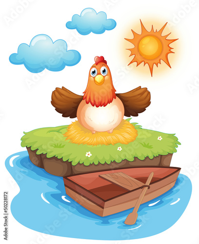 A chicken hatching eggs in an island