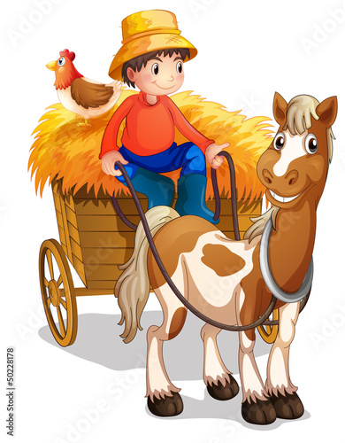 A farmer riding a cart with a chicken at his back