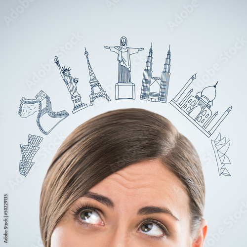 Obraz na płótnie Young pretty business woman dreaming about vacation and her trip