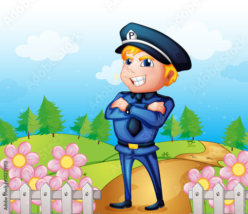 A policeman standing in the garden