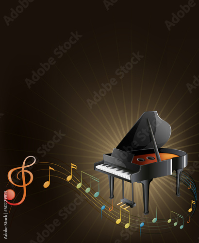 A gray piano with musical notes