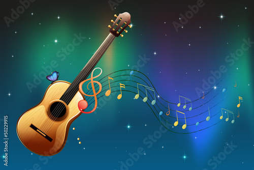 A brown guitar with a butterfly and musical notes
