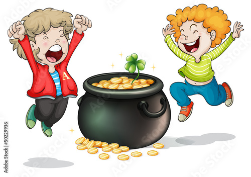 Happy faces of two kids with a pot of money