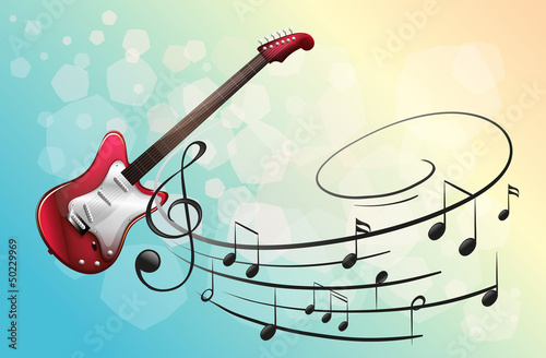 A red electric guitar with musical notes