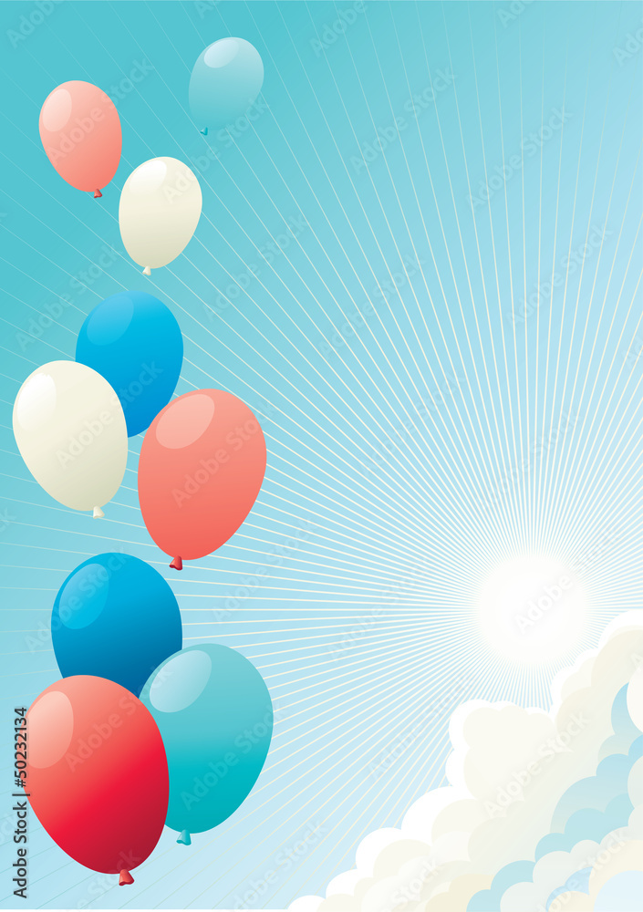 Holiday. Vector of many color  balloons on blue sky