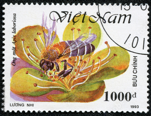 stamp printed in Vietnam shows worker bee collecting honey