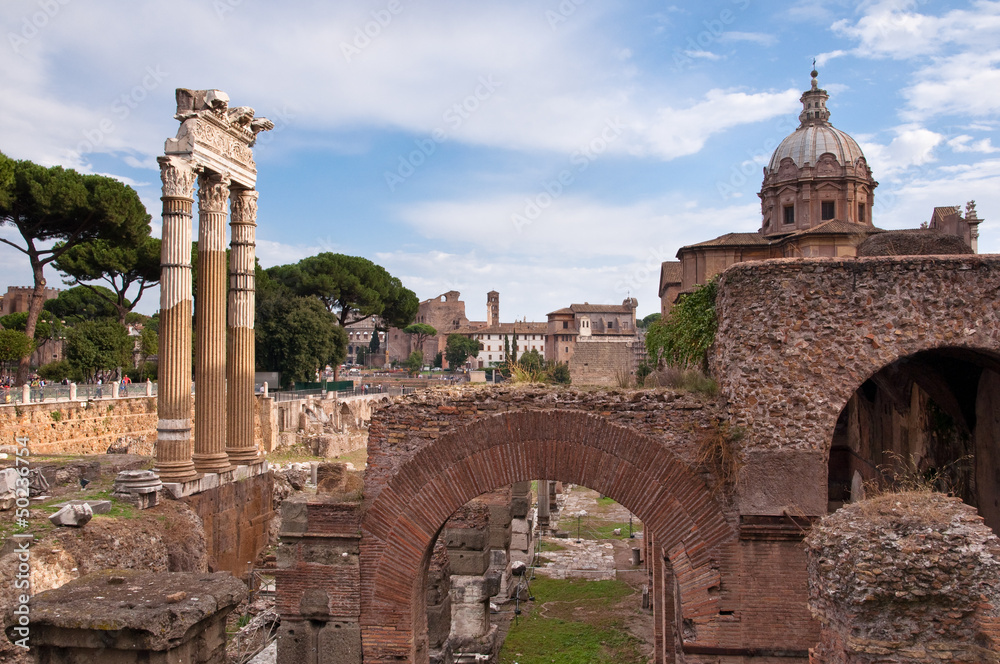 Ancient columns and ruins in Fori imperiali at Rome