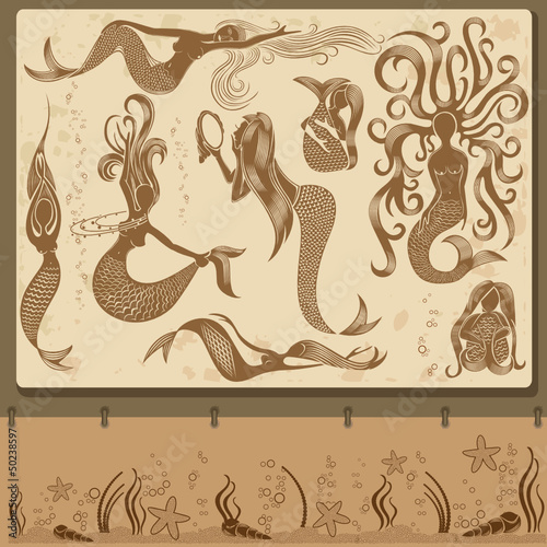 vintage set mermaid old engraving marine