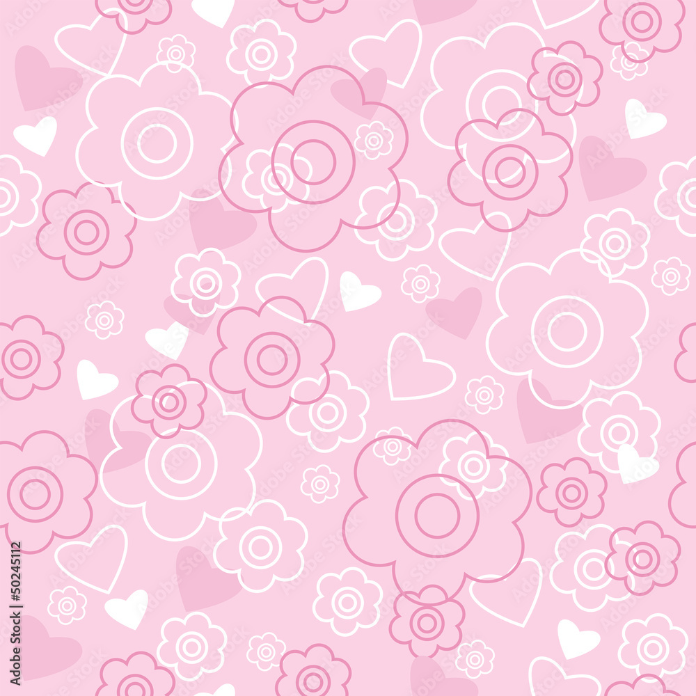 Seamless pattern with pink flowers and hearts